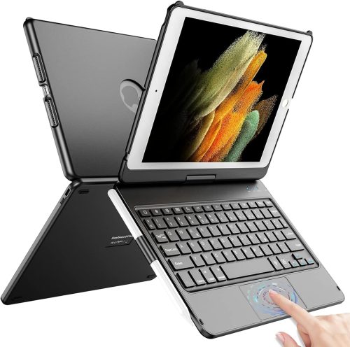 Tastatură TQQ pentru iPad 10.2" cu Trackpad de Precizie - Husă de Protecție iPad Generațiile 7-8-9, Iluminare de Fundal în 10 Culori, Rotire 360°, QWERTZ German