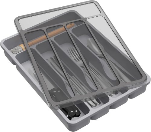 Lifewit Evőeszköztartó Fedéllel, 5 Rekeszes Műanyag Fiókrendező Konyhai Eszközökhöz, 23,5x32,3 cm, Szürke Evőeszköz Szervező Kés/Villa/Kanál