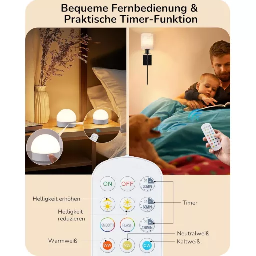 EDISHINE Set de 2 Aplice de Perete cu Baterie - Iluminare LED RGB Wireless cu Telecomandă, 12 Culori, 2 Moduri Dinamice, Reîncărcare USB, Negru