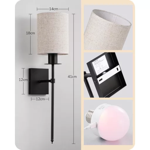 EDISHINE Set de 2 Aplice de Perete cu Baterie - Iluminare LED RGB Wireless cu Telecomandă, 12 Culori, 2 Moduri Dinamice, Reîncărcare USB, Negru