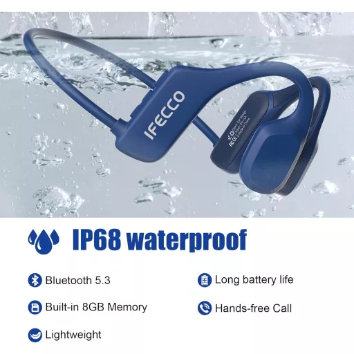 Căști Bluetooth cu conducție osoasă IFECCO IP68, rezistente la apă, MP3, pentru înot