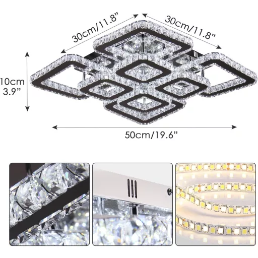 FRIXCHUR LED Kristály Mennyezeti Lámpa 50cm 8 Izzós Négyzet 72W 6500K