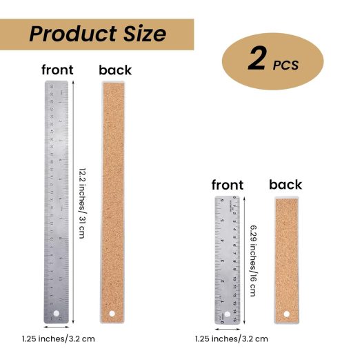 Set rigle metalice Bremorou, 2 bucăți, 30cm și 15cm, riglă din oțel inoxidabil, scară dublă, spate antiderapant din plută, instrument de măsură școlar