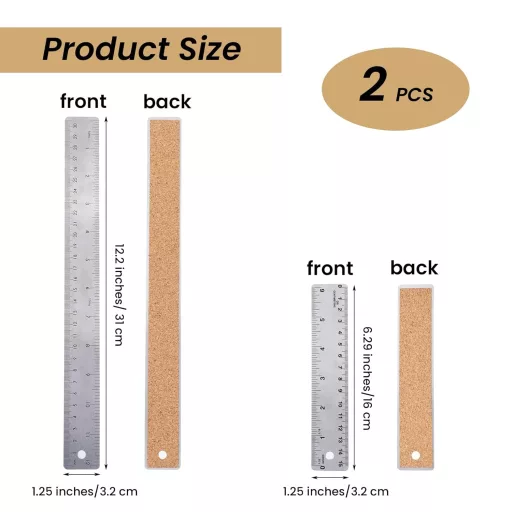Bremorou Fém Vonalzó Szett 2 db 30cm 15cm Rozsdamentes Acél Vonalzó Dupla Skála Csúszásmentes Parafa Hátlap Iskolai Mérőeszköz