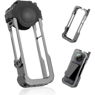   XIHIRCD Alumínium Kamera Védőkeret Insta360 Kamerához - Fekete Fém Váz Szilikon Lencsevédővel és Hidegcipő Rögzítővel - Strapabíró Kiegészít