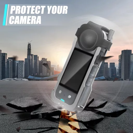 XIHIRCD Cadru de Protecție din Aluminiu pentru Cameră Insta360 - Carcasă Metalică Neagră cu Protecție de Silicon pentru Obiectiv și Montură Cold Shoe - Accesoriu Durabil
