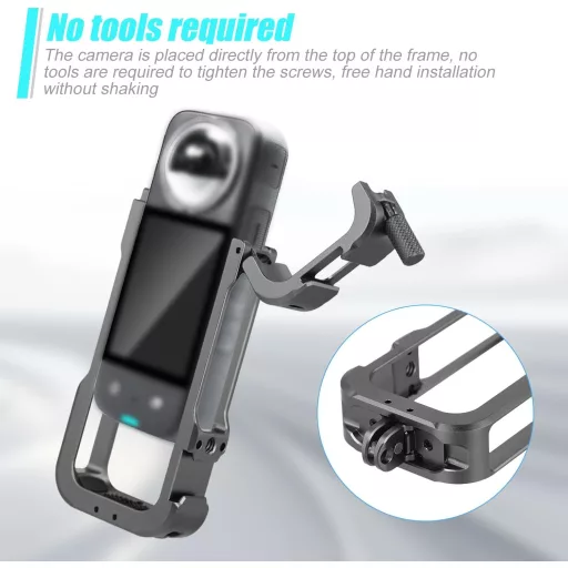 XIHIRCD Cadru de Protecție din Aluminiu pentru Cameră Insta360 - Carcasă Metalică Neagră cu Protecție de Silicon pentru Obiectiv și Montură Cold Shoe - Accesoriu Durabil