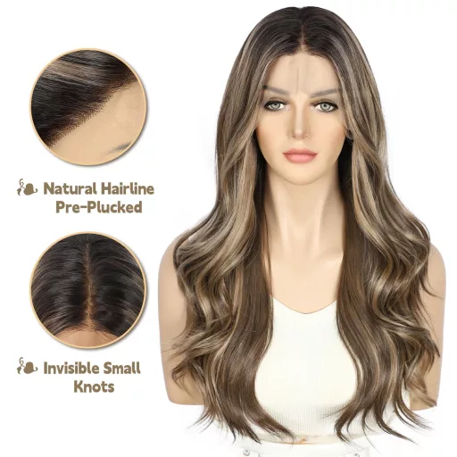 Sapphirewigs barna csipke eleje szintetikus paróka 55cm hullám előplukált