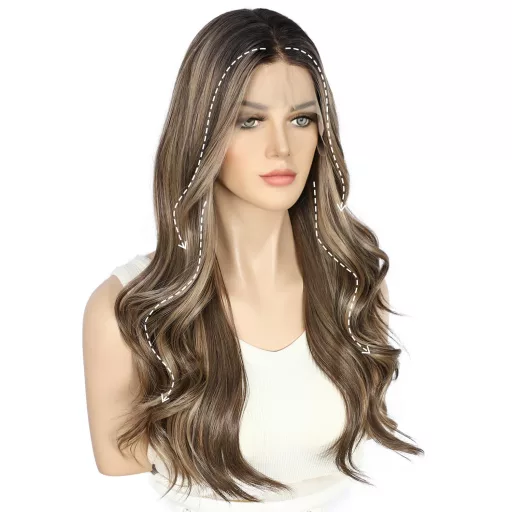 Sapphirewigs barna csipke eleje szintetikus paróka 55cm hullám előplukált