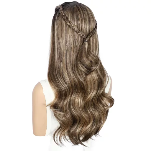 Sapphirewigs barna csipke eleje szintetikus paróka 55cm hullám előplukált