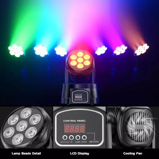 UKing 7x15W Mini Moving Head LED DMX512 RGBW Lumină Disco cu Telecomandă, Efect Stroboscopic, Lumină DJ pentru Petreceri