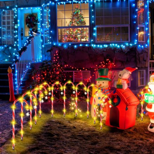 MaxAwe 12-dielna svetelná reťaz v tvare cukroviniek so vzorom snehových vločiek, 72 LED, vodoodolná vianočná záhradná dekorácia