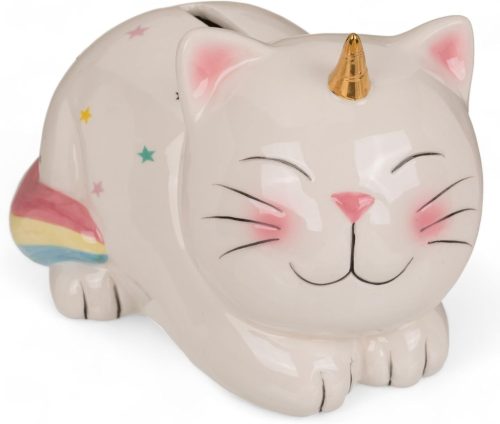 MIJOMA Pușculiță ceramică cu încuietoare cu cheie - Model pisică unicorn, cutie de economii ideală ca și cadou pentru copii și adulți