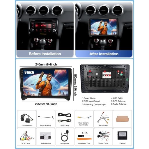 CAMECHO Android 13 auto radio za Audi TT 8J 2008-2014, 9" zaslon, navigacija, CarPlay, DSP