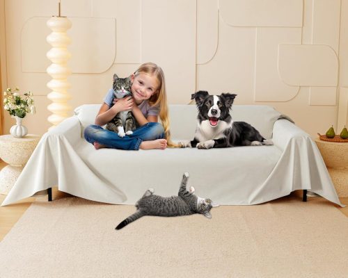 Protecție canapea pisici - Anti-zgârieturi mobilier pentru pisici, 380x180 cm, Impermeabilă, Anti-alunecare, Bej, Lavabilă, Potrivită și pentru câini și copii