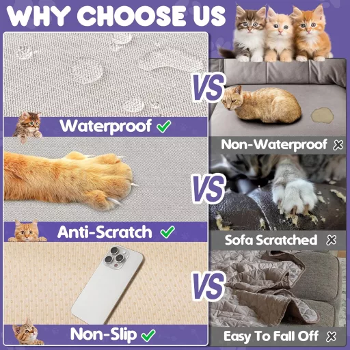 Protecție canapea pisici - Anti-zgârieturi mobilier pentru pisici, 380x180 cm, Impermeabilă, Anti-alunecare, Bej, Lavabilă, Potrivită și pentru câini și copii