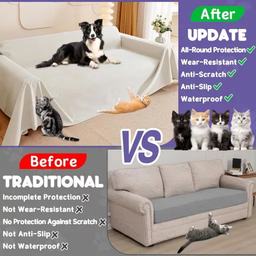Protecție canapea pisici - Anti-zgârieturi mobilier pentru pisici, 380x180 cm, Impermeabilă, Anti-alunecare, Bej, Lavabilă, Potrivită și pentru câini și copii