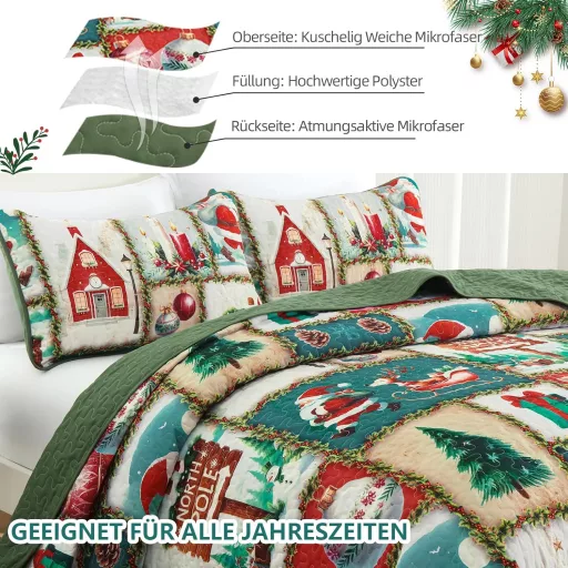 WONGS BEDDING Karácsonyi Ágytakaró Szett 240x260 cm - Mikroszálas Steppelt Takaró 2 Párnahuzattal - Zöld Karácsonyfa és Rénszarvas Mintás
