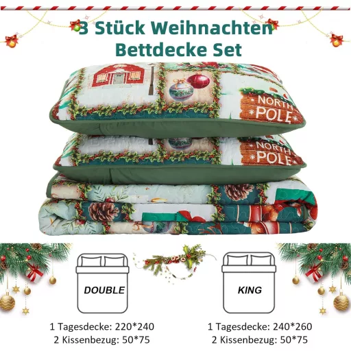 WONGS BEDDING Karácsonyi Ágytakaró Szett 240x260 cm - Mikroszálas Steppelt Takaró 2 Párnahuzattal - Zöld Karácsonyfa és Rénszarvas Mintás
