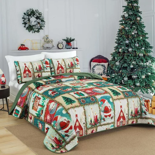 WONGS BEDDING Karácsonyi Ágytakaró Szett 240x260 cm - Mikroszálas Steppelt Takaró 2 Párnahuzattal - Zöld Karácsonyfa és Rénszarvas Mintás