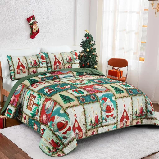 WONGS BEDDING Karácsonyi Ágytakaró Szett 240x260 cm - Mikroszálas Steppelt Takaró 2 Párnahuzattal - Zöld Karácsonyfa és Rénszarvas Mintás