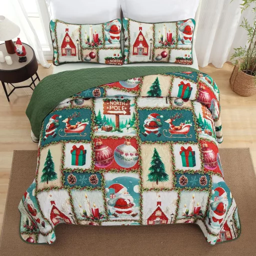 WONGS BEDDING Karácsonyi Ágytakaró Szett 240x260 cm - Mikroszálas Steppelt Takaró 2 Párnahuzattal - Zöld Karácsonyfa és Rénszarvas Mintás