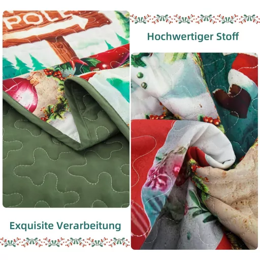 WONGS BEDDING Karácsonyi Ágytakaró Szett 240x260 cm - Mikroszálas Steppelt Takaró 2 Párnahuzattal - Zöld Karácsonyfa és Rénszarvas Mintás