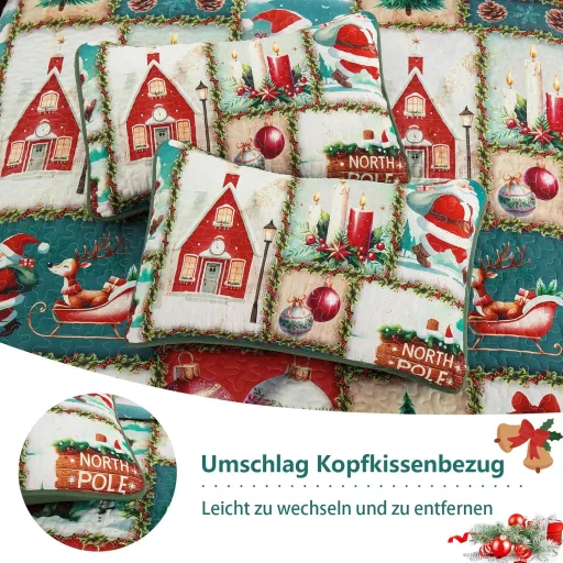 WONGS BEDDING Karácsonyi Ágytakaró Szett 240x260 cm - Mikroszálas Steppelt Takaró 2 Párnahuzattal - Zöld Karácsonyfa és Rénszarvas Mintás