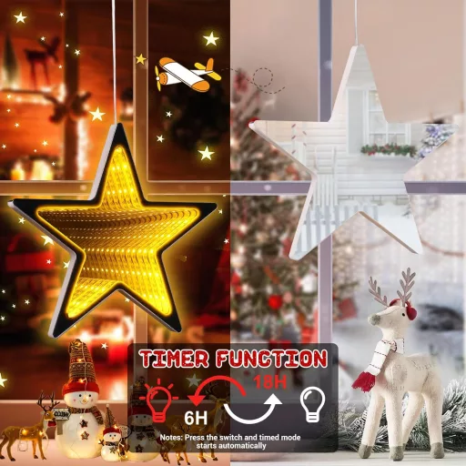ELKTRY 54 LED vianočná dekorácia hviezda do okna, teplé biele 3D nekonečné zrkadlo, na batérie s časovačom