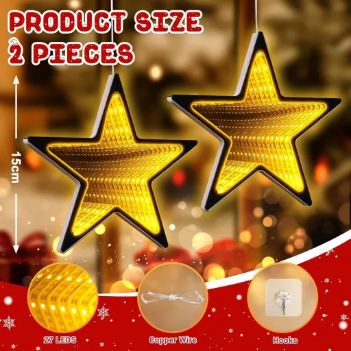 ELKTRY 54 LED vianočná dekorácia hviezda do okna, teplé biele 3D nekonečné zrkadlo, na batérie s časovačom