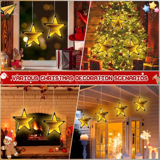 ELKTRY 54 LED csillag karácsony ablak dekoráció, meleg fehér 3D végtelen tükör lámpa, elemmel működő időzítővel