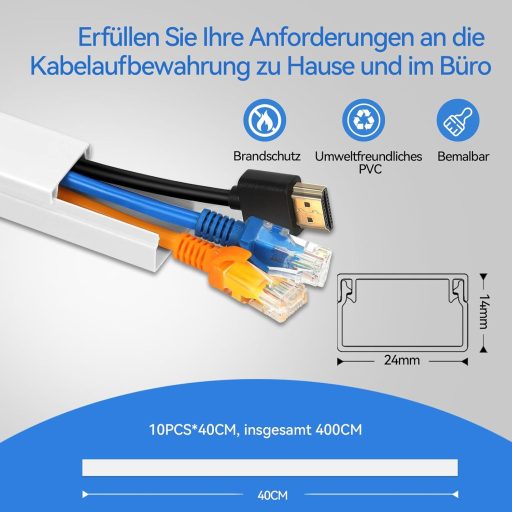 Set canal cablu autoadeziv Planetinum - PVC alb, 4m lungime, 10 bucăți, vopsibil, tăiabil la dimensiune, organizator cabluri pentru acasă și birou