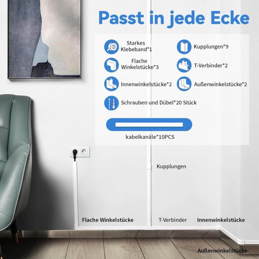 Set canal cablu autoadeziv Planetinum - PVC alb, 4m lungime, 10 bucăți, vopsibil, tăiabil la dimensiune, organizator cabluri pentru acasă și birou