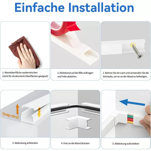 Set canal cablu autoadeziv Planetinum - PVC alb, 4m lungime, 10 bucăți, vopsibil, tăiabil la dimensiune, organizator cabluri pentru acasă și birou