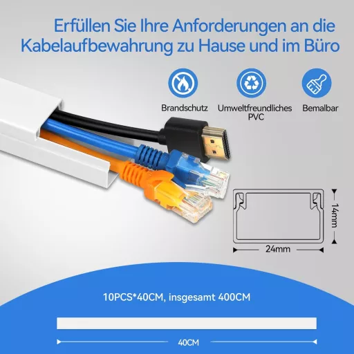 Set canal cablu autoadeziv Planetinum - PVC alb, 4m lungime, 10 bucăți, vopsibil, tăiabil la dimensiune, organizator cabluri pentru acasă și birou