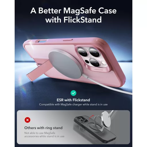 ESR iPhone 16 Pro MagSafe tok állvánnyal, katonai védelemmel, rózsaszín