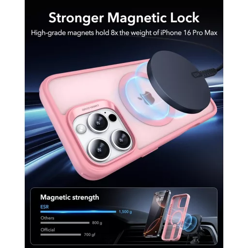 ESR iPhone 16 Pro MagSafe tok állvánnyal, katonai védelemmel, rózsaszín