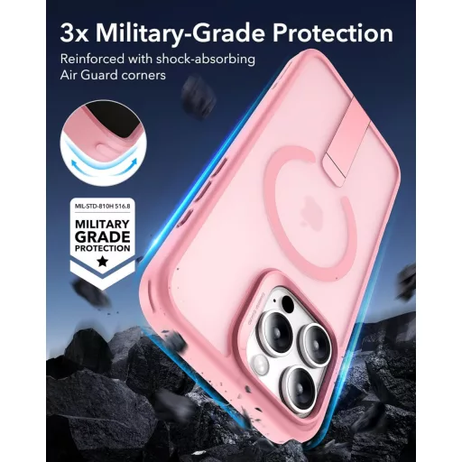 ESR iPhone 16 Pro MagSafe tok állvánnyal, katonai védelemmel, rózsaszín