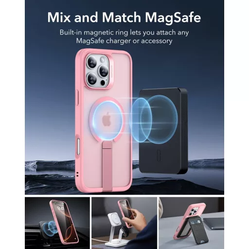 ESR iPhone 16 Pro MagSafe tok állvánnyal, katonai védelemmel, rózsaszín