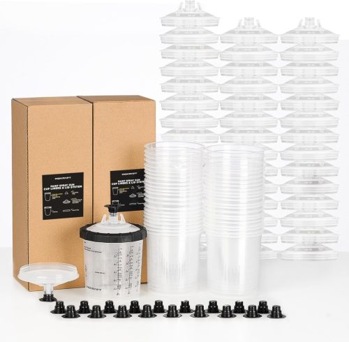 Sistem pahare pulverizare vopsea de unică folosință InoKraft - 45 buc. pahare și capace de 650 ml, pentru pistoale de vopsit HVLP/LVLP, pulverizare 360°, cu filtru de 125 microni