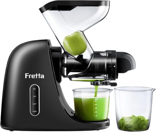 Fretta Slow Juicer Gyümölcs- és Zöldségprés 200W - Széles 76mm Adagolónyílás, Hidegprés Technológia, Könnyen Tisztítható Fekete Gyümölcsfacs