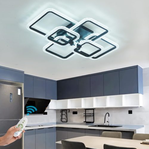 Plafonieră LED HiHiHomy - 6 rame pătrate, cu telecomandă, intensitate luminoasă reglabilă, 3000K-6500K, neagră, design modern cu cristale, 3000 lumeni