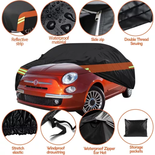 Luolety Nepremokavá autoplachta pre FIAT 500/500C/500E/Abarth 2007-2024, 6-vrstvová, so zipsom