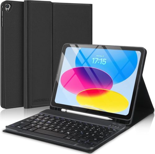 JADEMALL Bluetooth Billentyűzetes Tok iPad 10. Generációhoz (2022) - 10,9" Mágneses QWERTZ Védőtok, Leválasztható Billentyűzet, Fekete