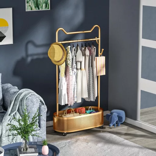ihomemore Fém Ruhaállvány Tárolópolccal - Fekete-Arany Minimál Stílusú Álló Ruhatartó Ruháknak, Kabátoknak, Szoknyáknak, Ingeknek