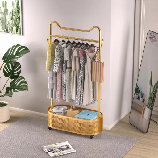 ihomemore Fém Ruhaállvány Tárolópolccal - Fekete-Arany Minimál Stílusú Álló Ruhatartó Ruháknak, Kabátoknak, Szoknyáknak, Ingeknek
