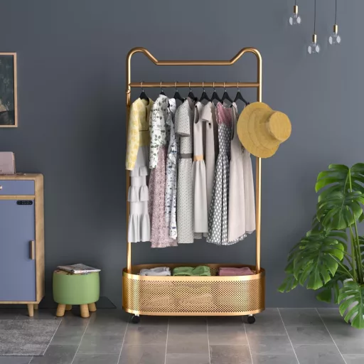 ihomemore Fém Ruhaállvány Tárolópolccal - Fekete-Arany Minimál Stílusú Álló Ruhatartó Ruháknak, Kabátoknak, Szoknyáknak, Ingeknek