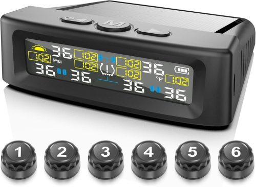 KAOLALI T12-6 Vezeték Nélküli Napelemes Gumiabroncs Nyomásfigyelő Rendszer 6 Kerékhez - 9,9 Bar/144 PSI, Autó, Lakókocsi, Busz