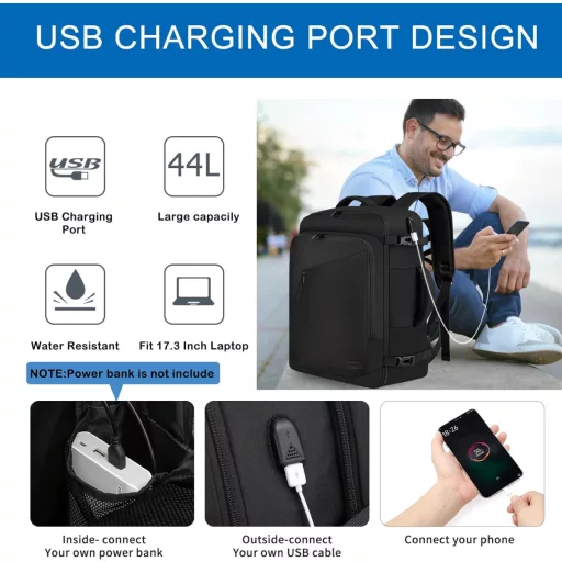 WENIG Kézipoggyász Hátizsák USB Töltőporttal - Repülőgép Ülés Alá Férő Laptop Táska Férfiaknak és Nőknek, Fekete