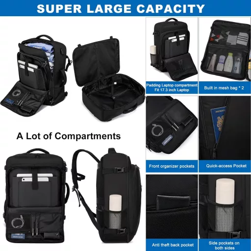 Rucsac de cabină WENIG cu port USB de încărcare - Geantă laptop care încape sub scaunul avionului, pentru bărbați și femei, Negru